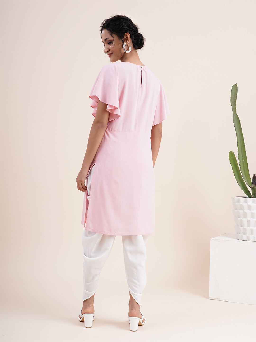 Pastel Pink Butterfly sleeved kurta paired with dhoti pants