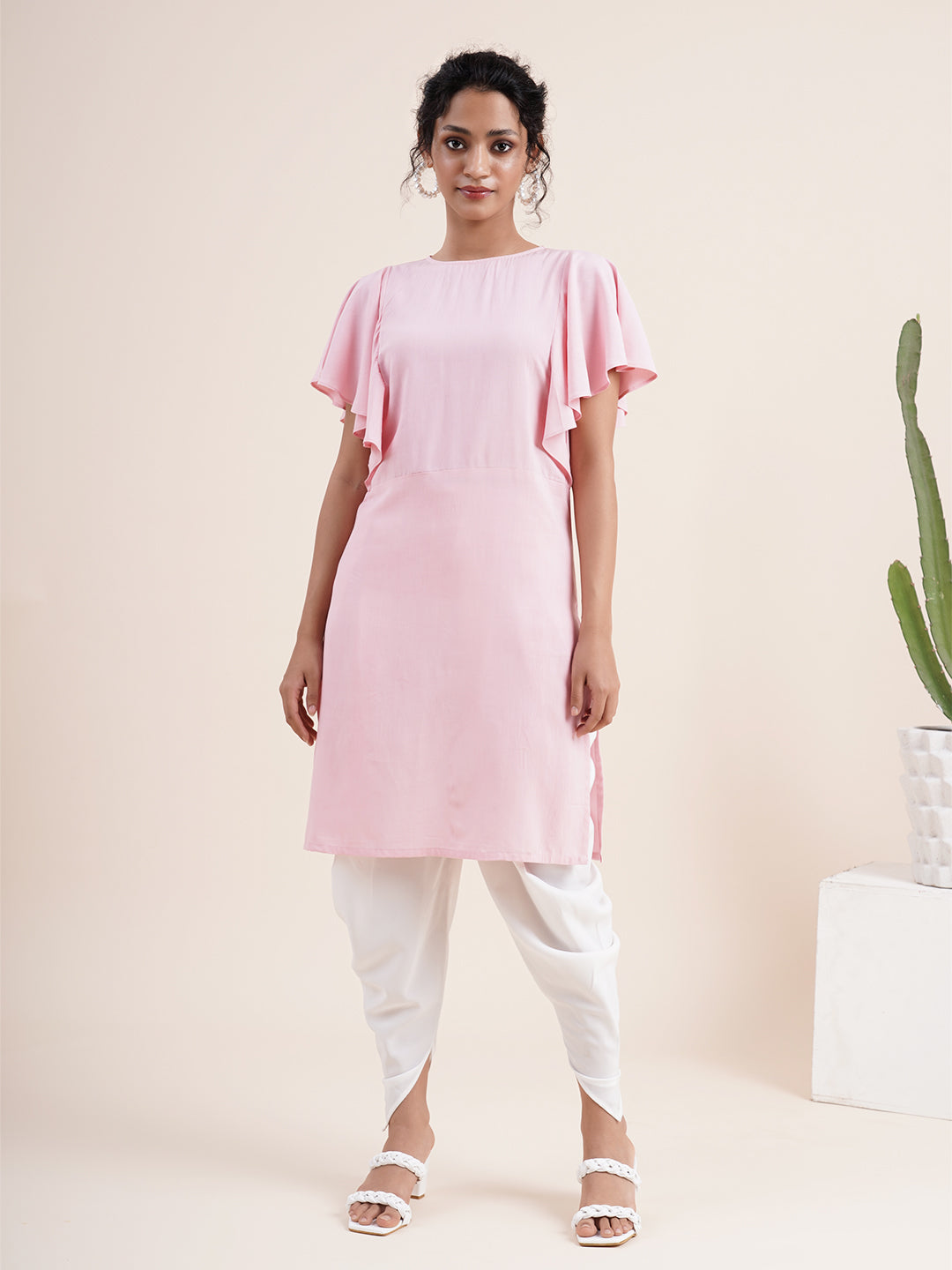 Pastel Pink Butterfly sleeved kurta paired with dhoti pants