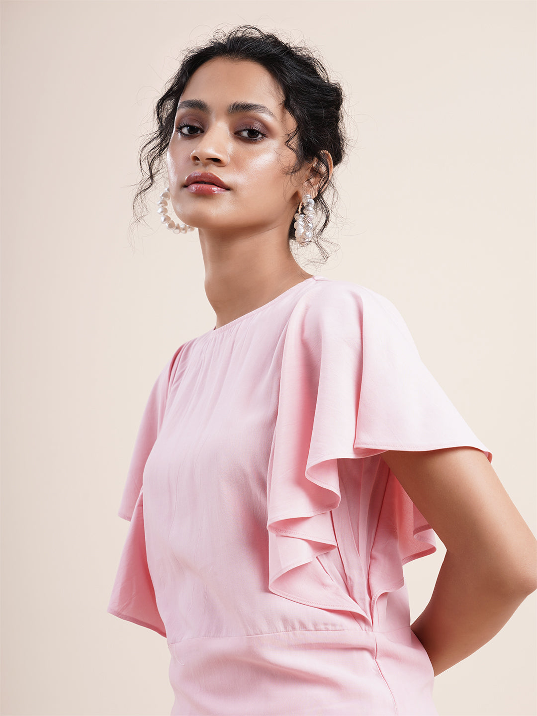 Pastel Pink Butterfly sleeved kurta paired with dhoti pants