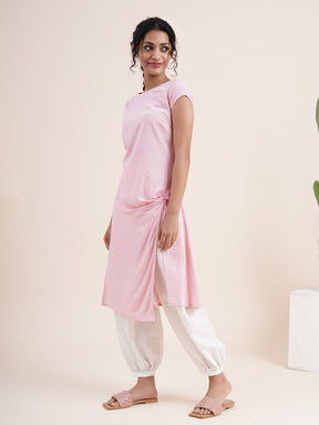 Pastel Pink Twist knot kurta in rayon flax