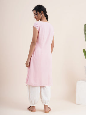 Pastel Pink Twist knot kurta in rayon flax