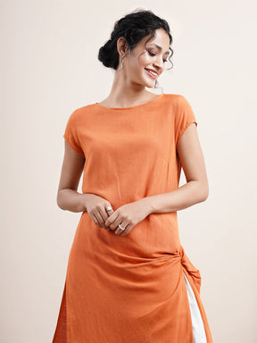 Rust Orange Twist knot kurta in rayon flax
