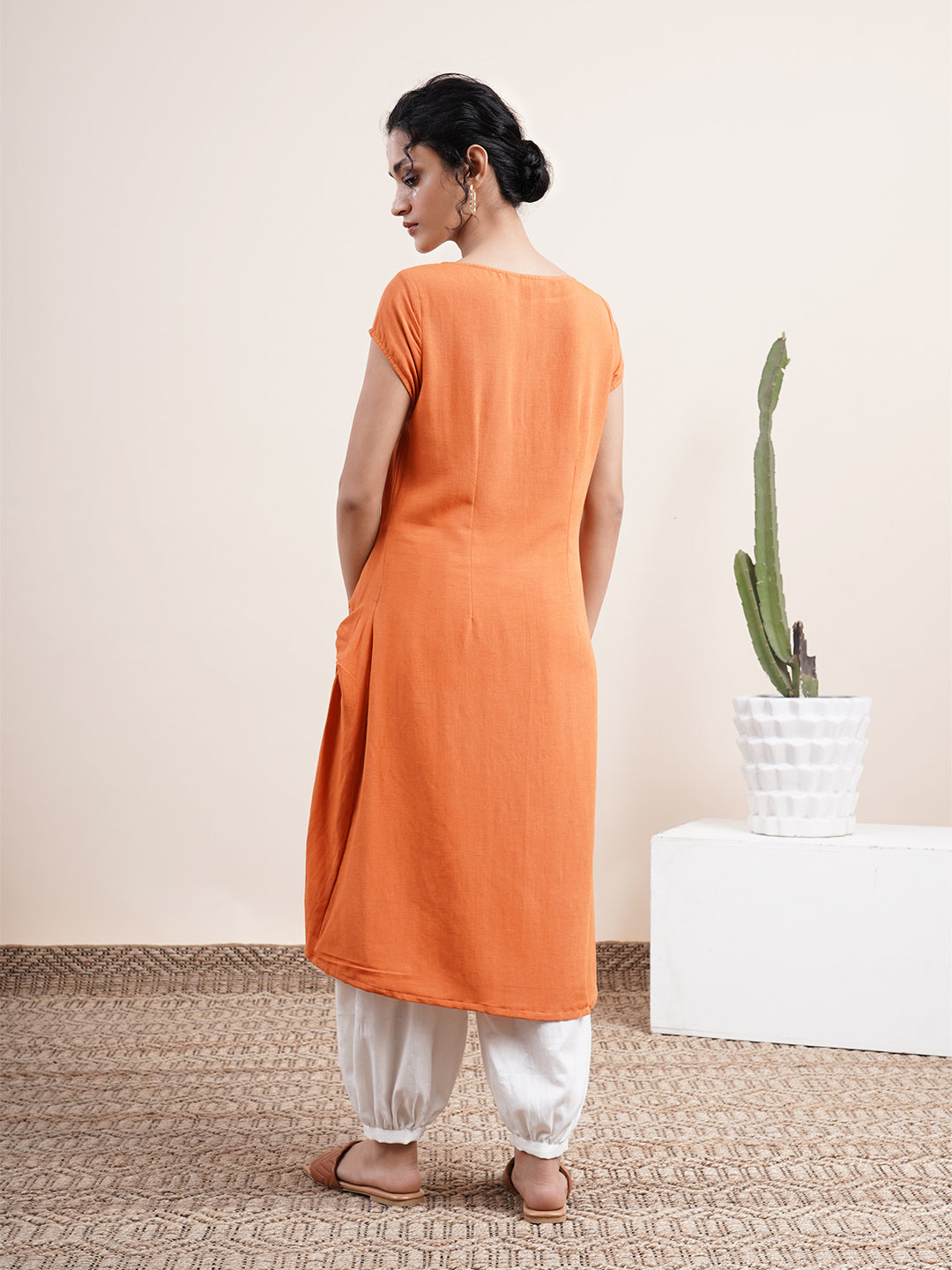 Rust Orange Twist knot kurta in rayon flax