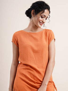 Rust Orange Twist knot kurta in rayon flax