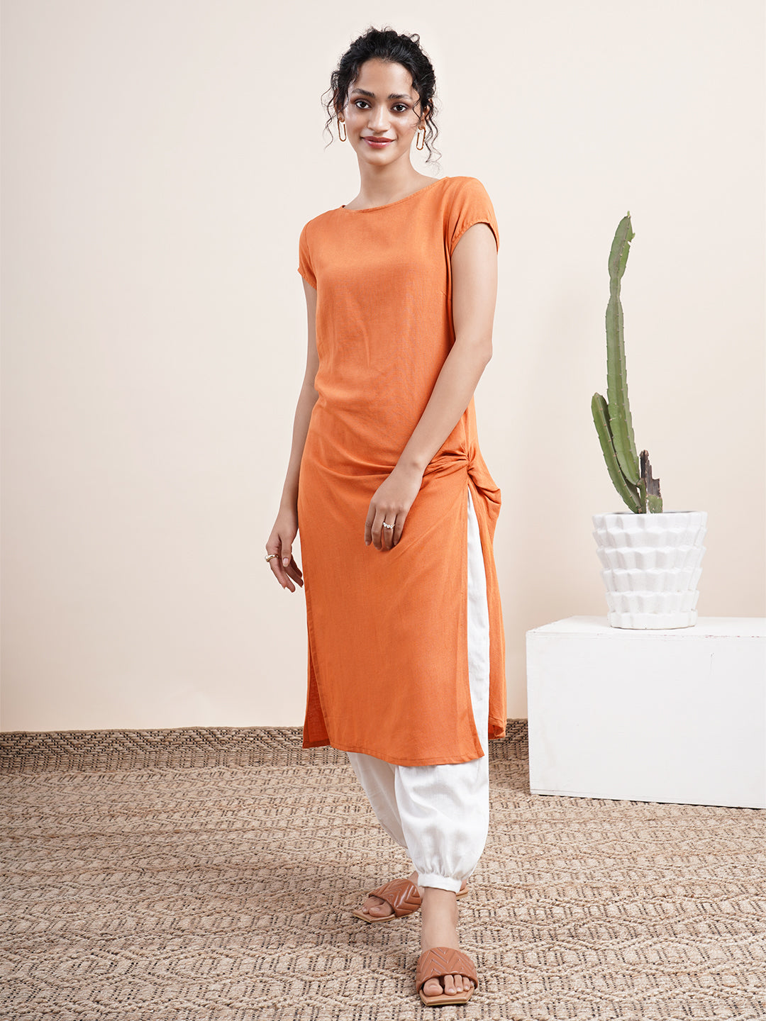 Rust Orange Twist knot kurta in rayon flax