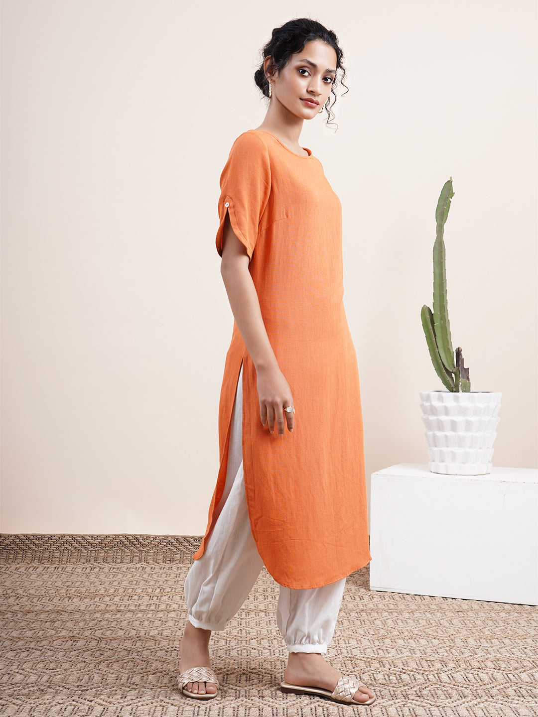 Rust Orange Kurta with slit sleeves