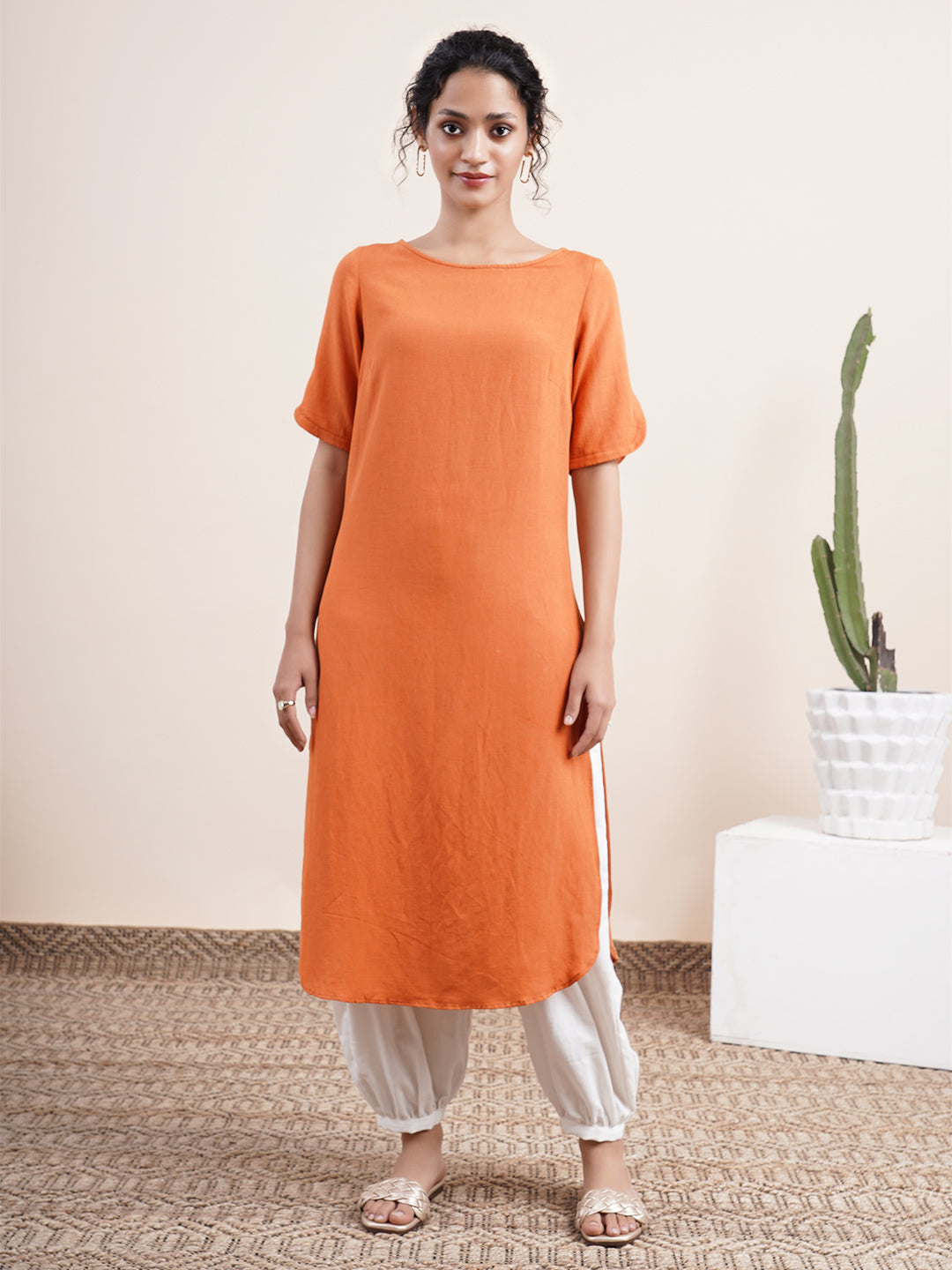 Rust Orange Kurta with slit sleeves