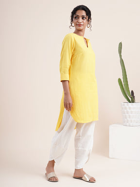 Yellow High low kurta with V- notched neck