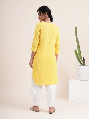 Yellow High low kurta with V- notched neck