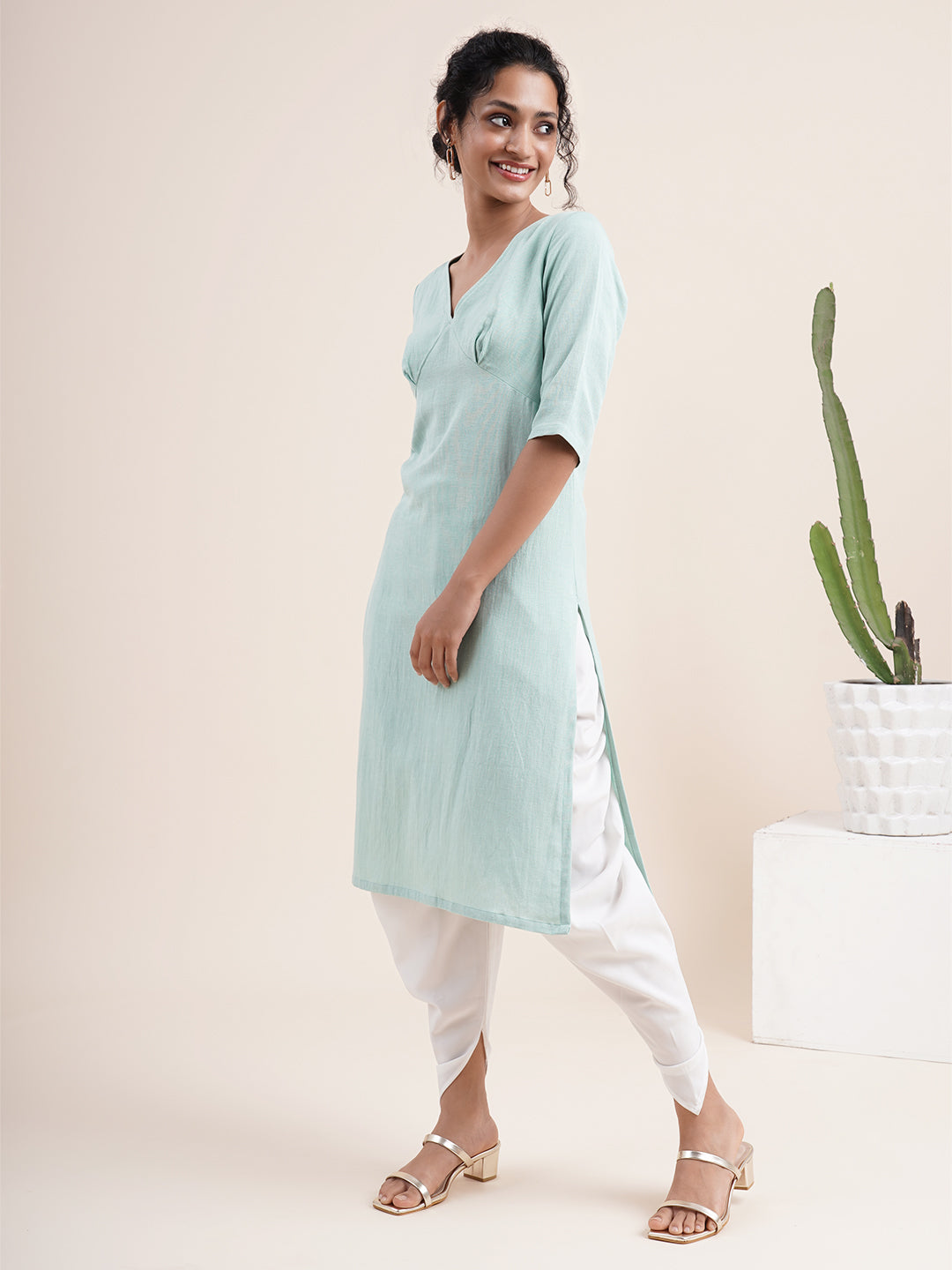 Mint Green Inverted 'V' empire line kurta with dhoti pants