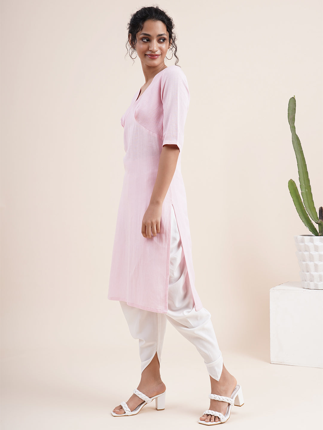 Pastel Pink Inverted 'V' empire line kurta with dhoti pants