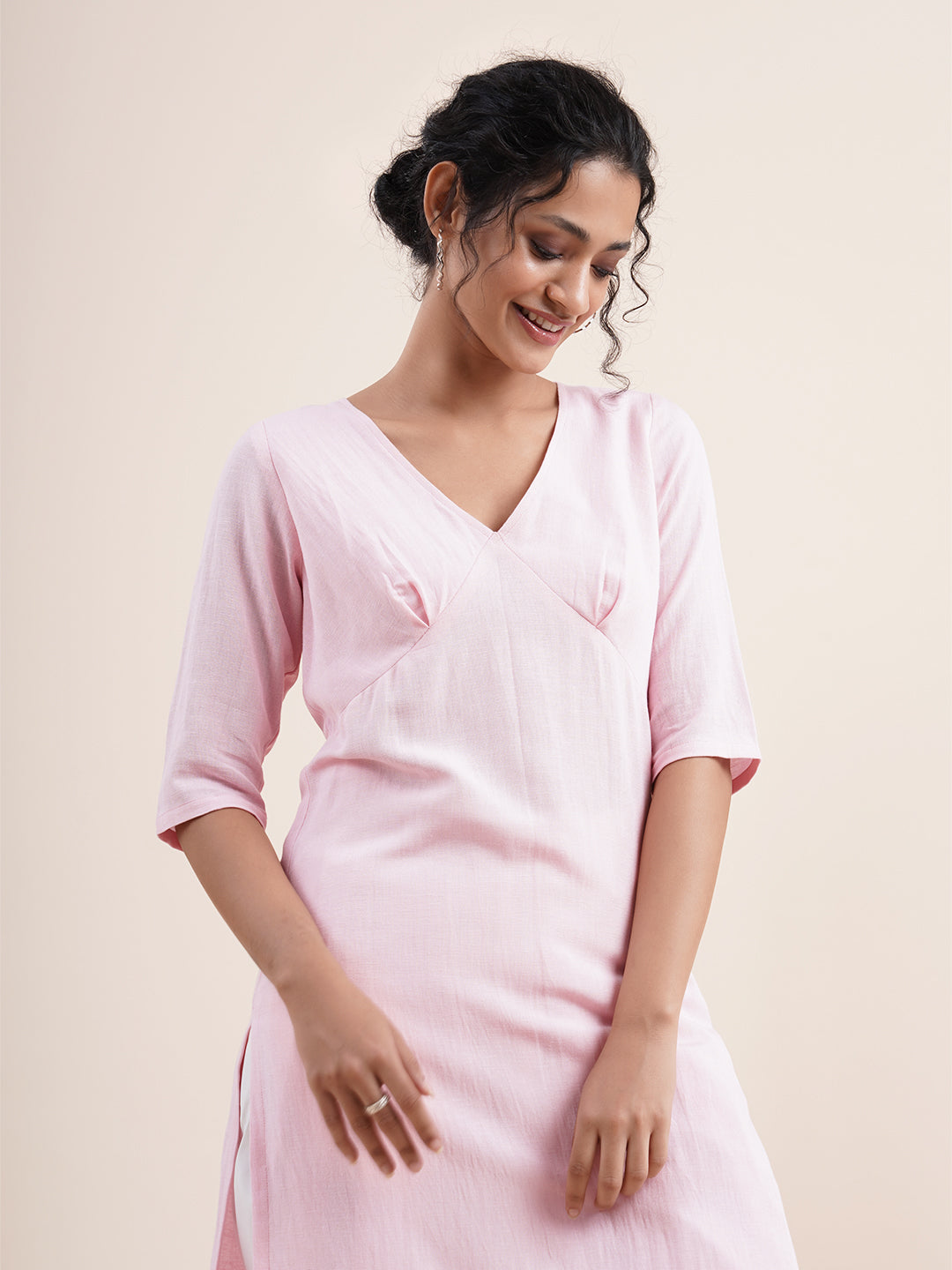 Pastel Pink Inverted 'V' empire line kurta with dhoti pants