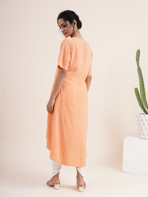 Peach Kurta with pleat sewn from neckline