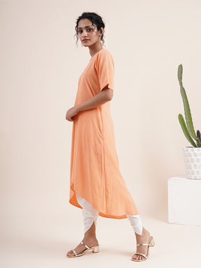 Peach Kurta with pleat sewn from neckline