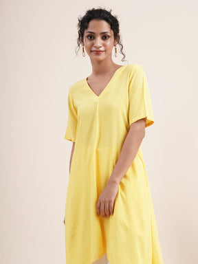 Yellow Kurta with pleat sewn from neckline
