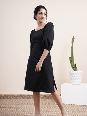Black square neck dress with bishop sleeves