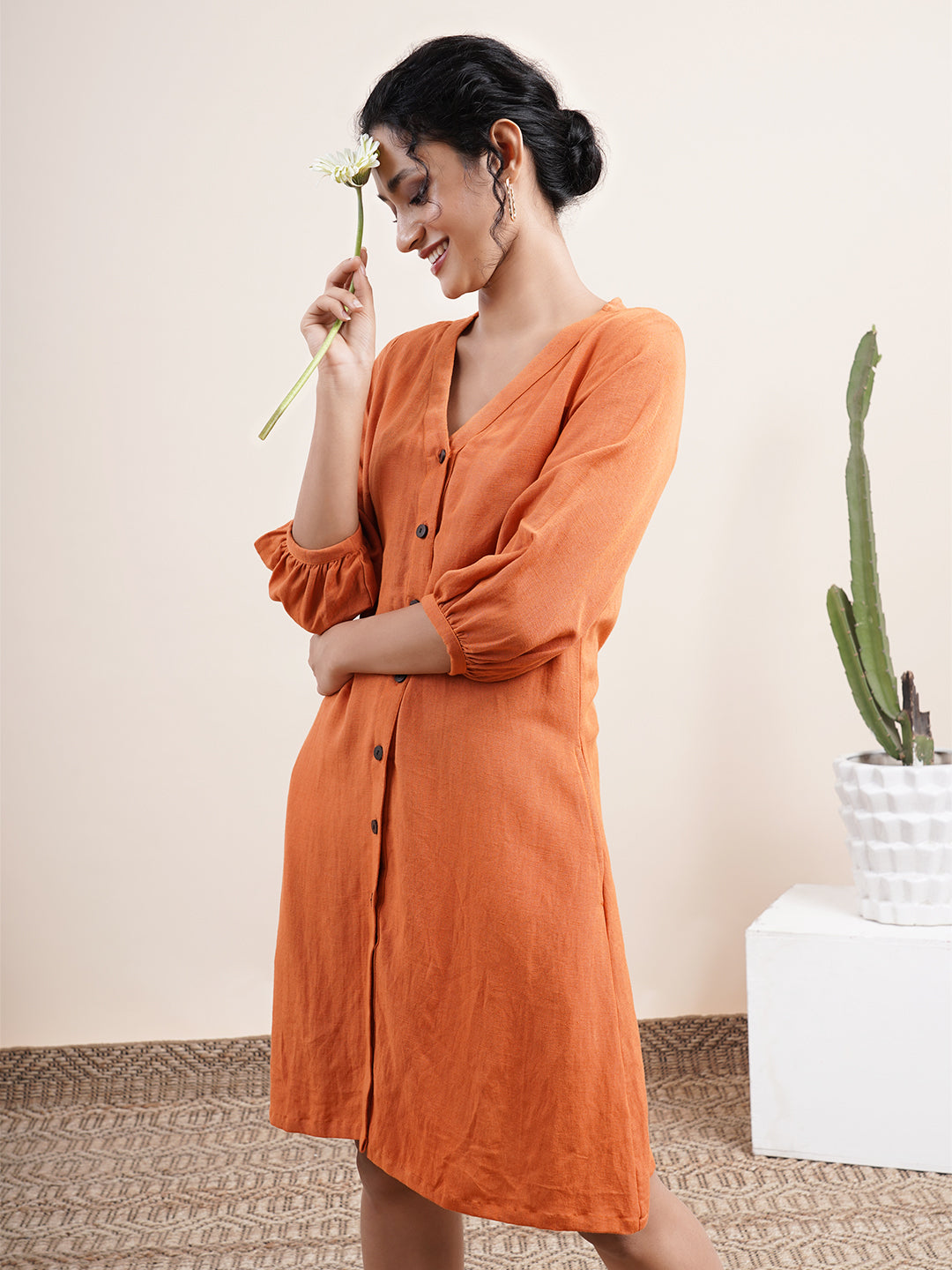 Rust Orange V- neck buttoned down dress