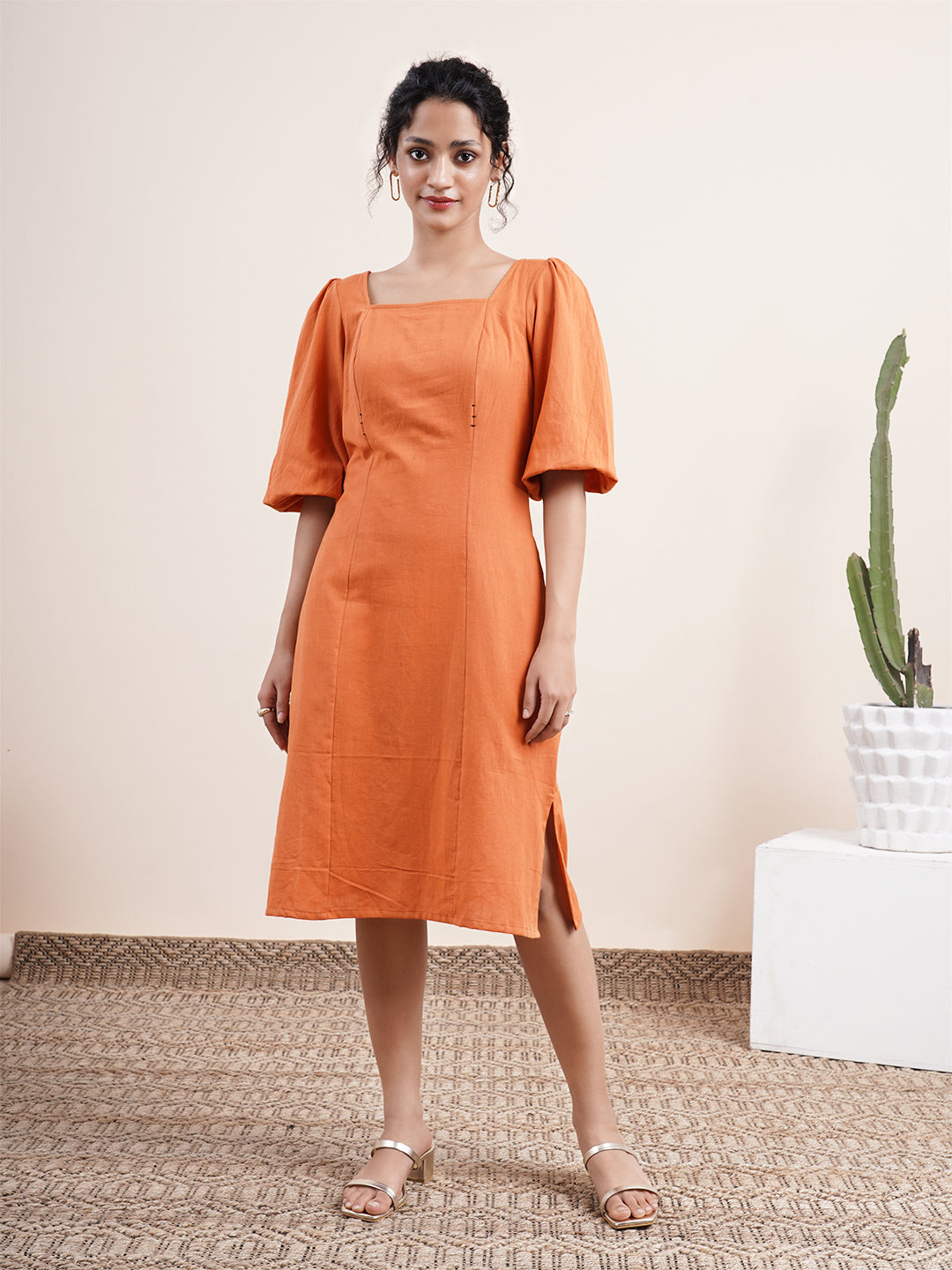 Rust Orange square neck dress with bishop sleeves