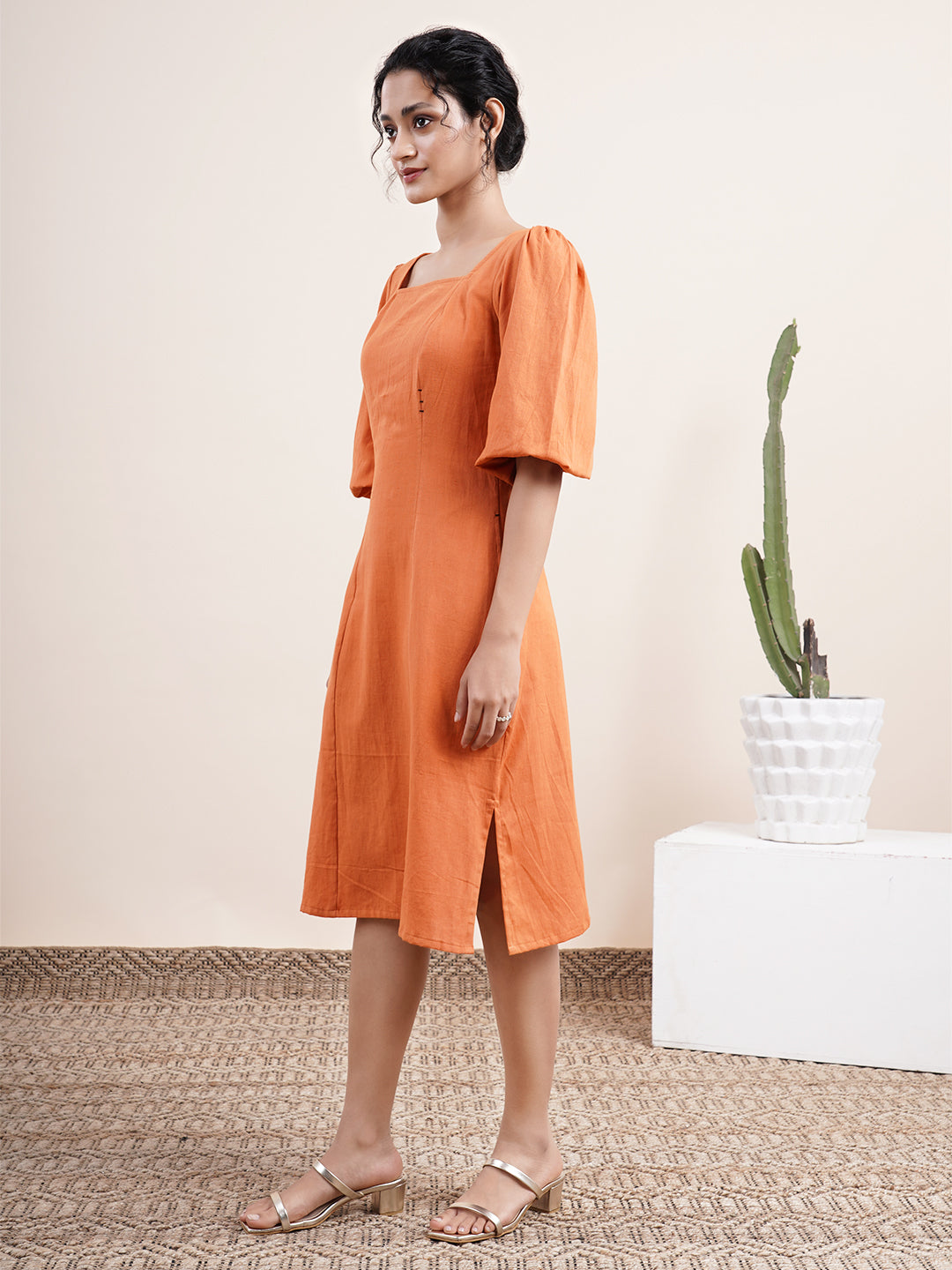 Rust Orange square neck dress with bishop sleeves