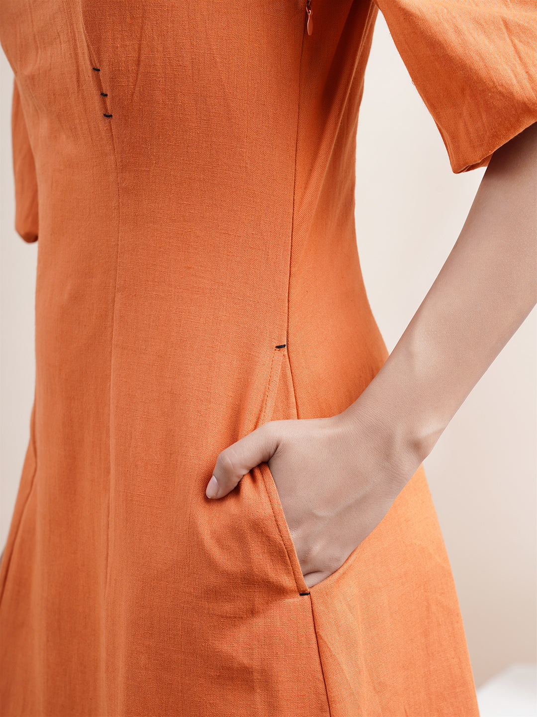 Rust Orange square neck dress with bishop sleeves