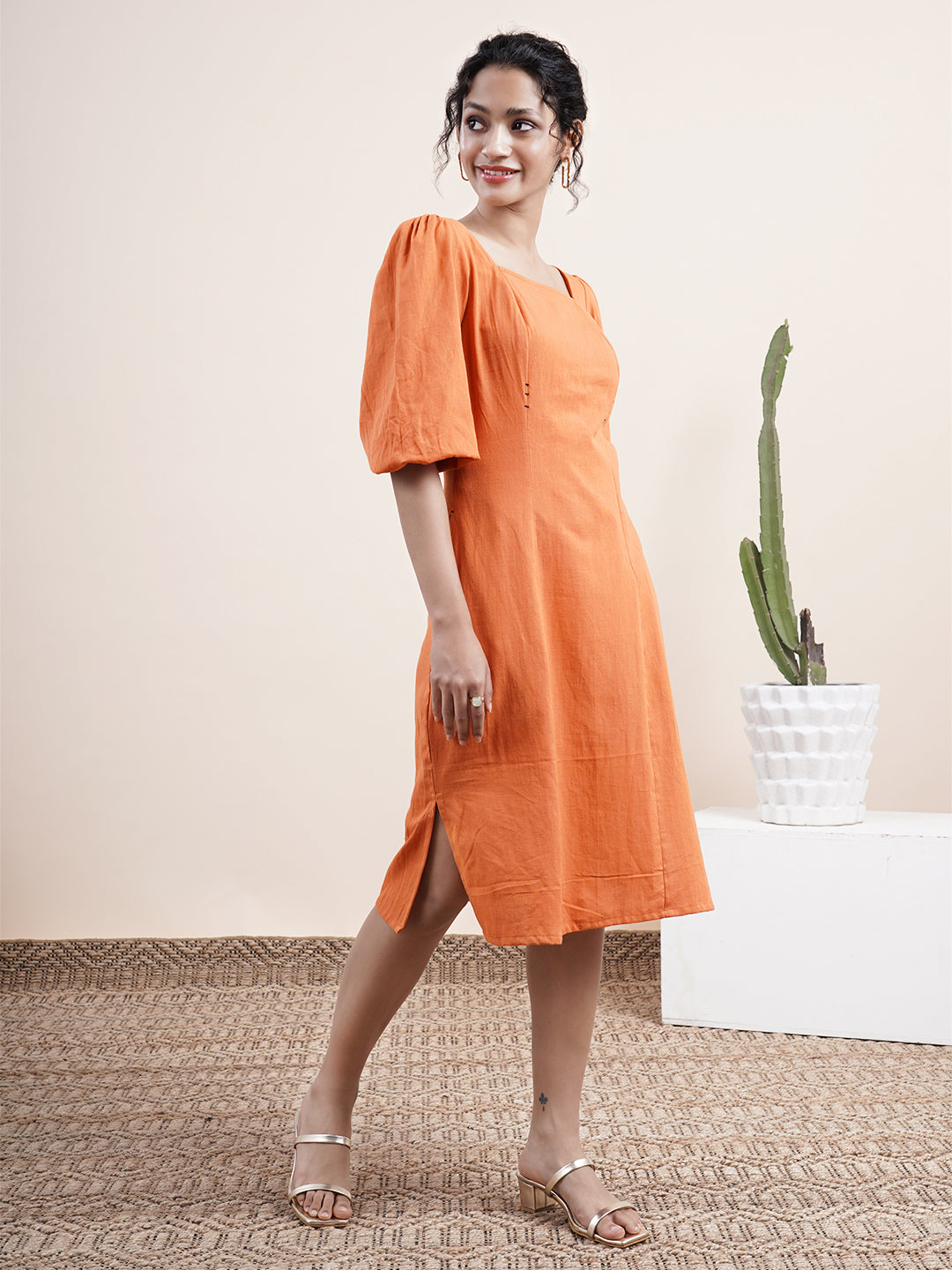 Rust Orange square neck dress with bishop sleeves