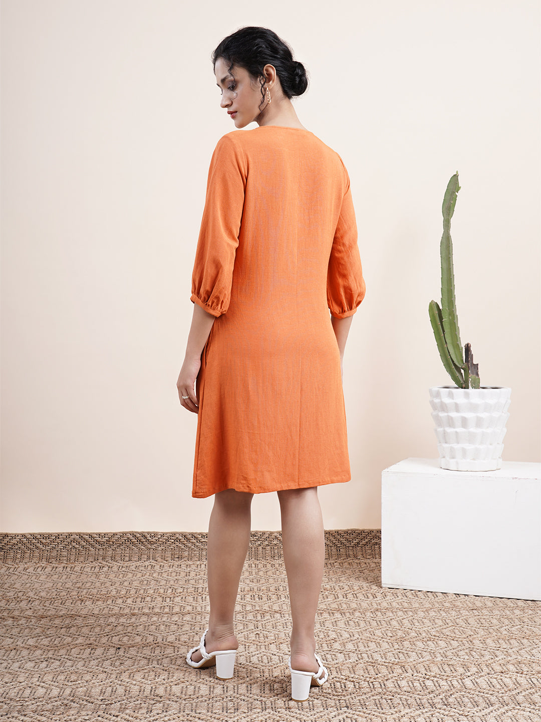 Rust Orange square neck dress with bishop sleeves