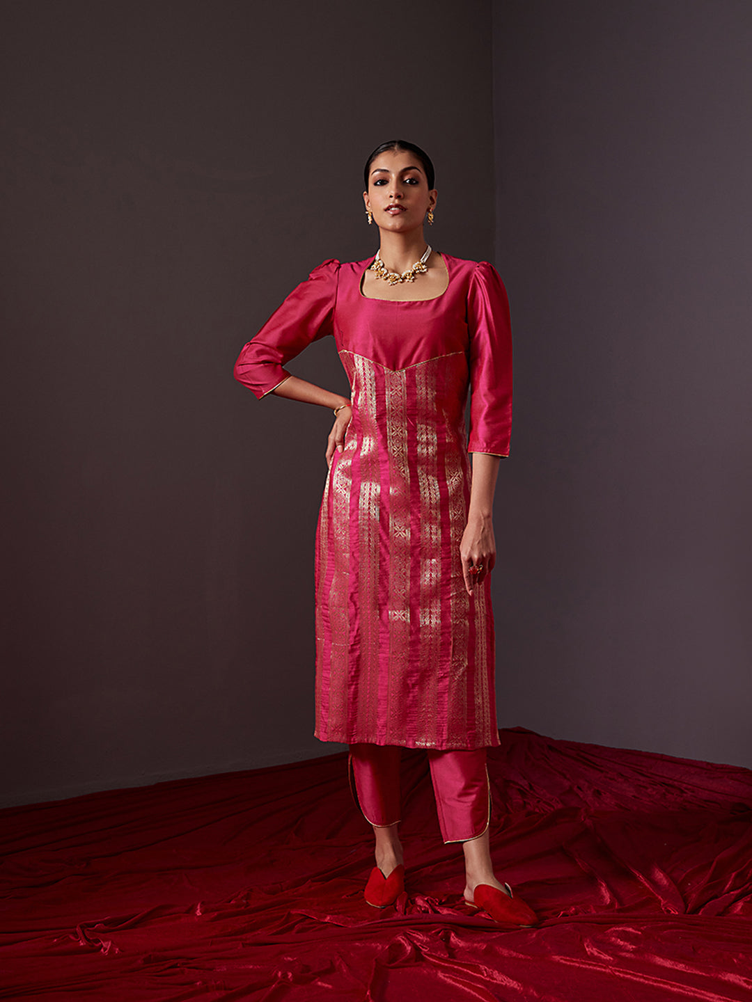 Scoop neck banarasi zari straight kurta - Fuschia Pink