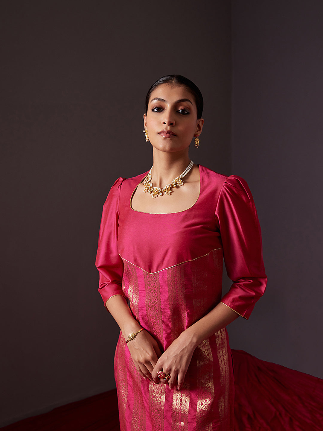 Scoop neck banarasi zari straight kurta - Fuschia Pink