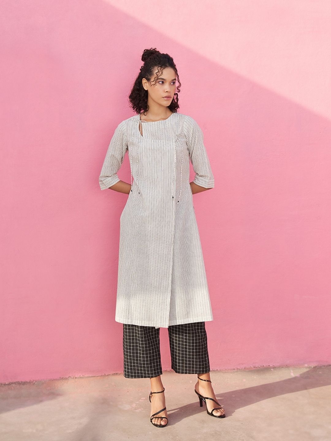 Kantha Stripe Kurta with Keyhole neckline