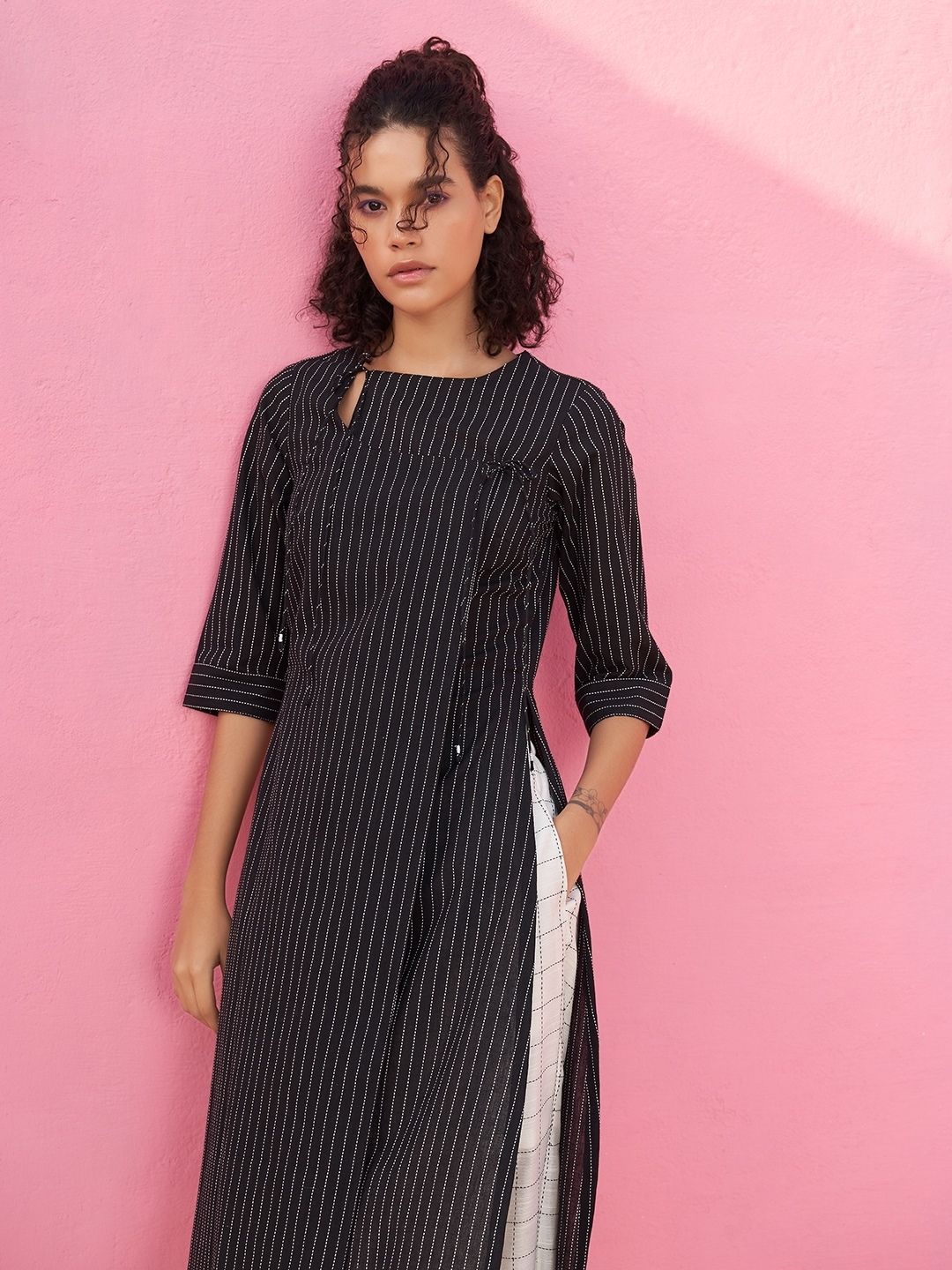 Kantha Stripe Kurta with Keyhole neckline