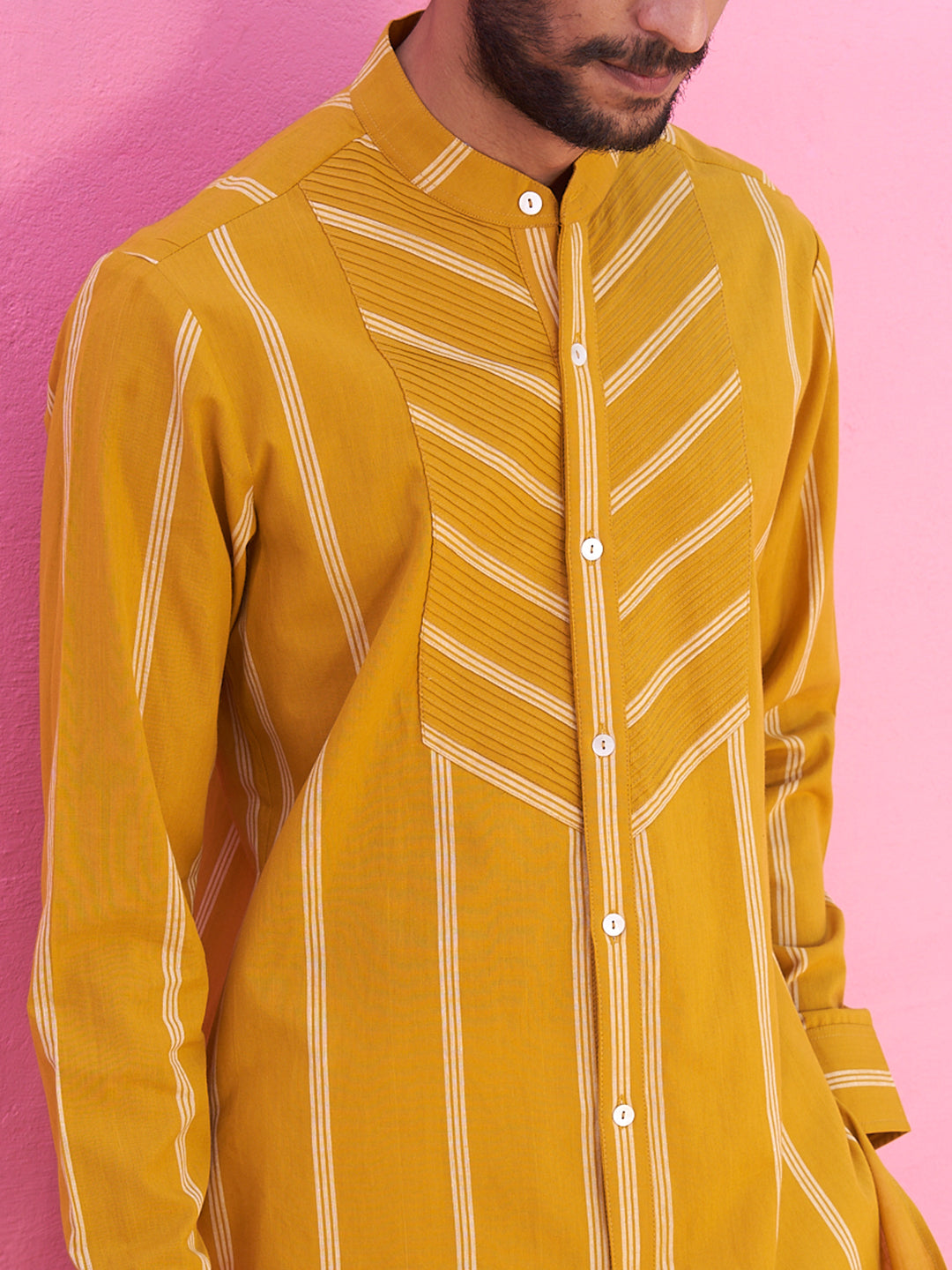Yellow striped kurta with pintucks with straight pants