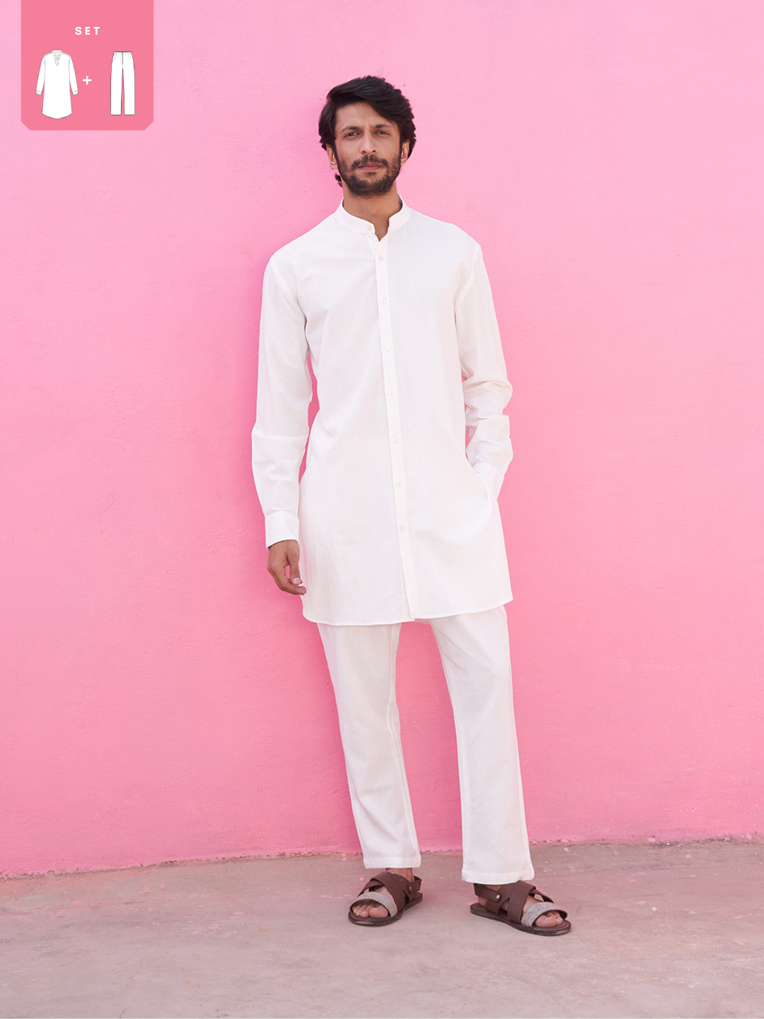 White Mandarin collar kurta with straight pants