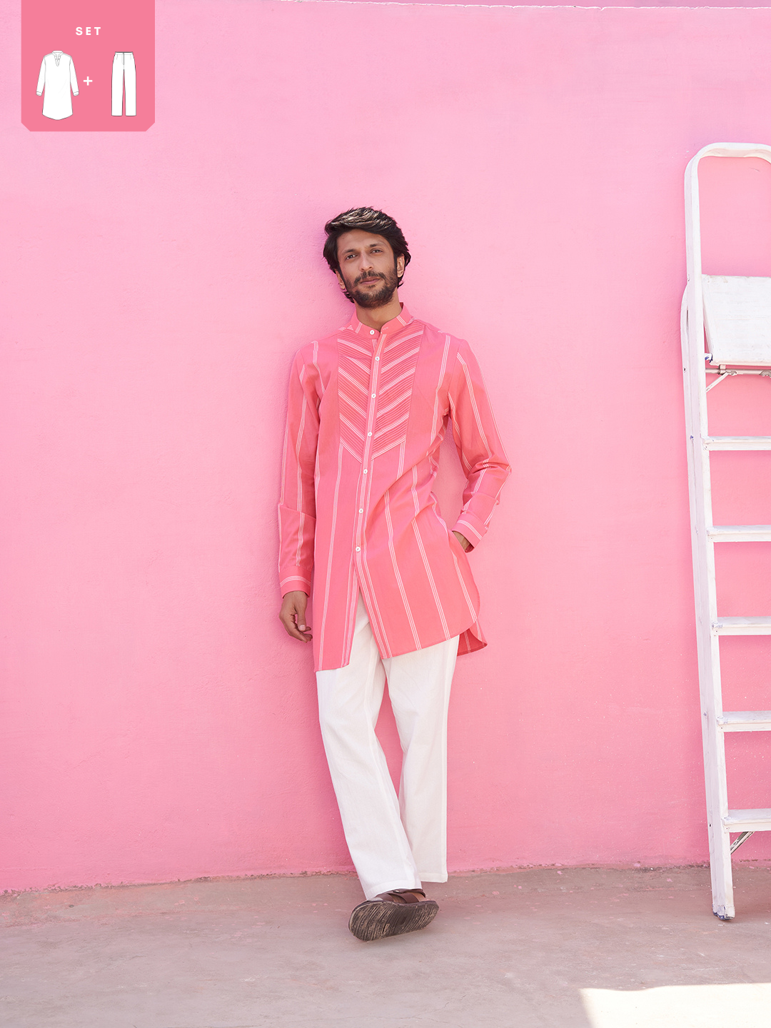 Pink striped kurta with pintucks with straight pants