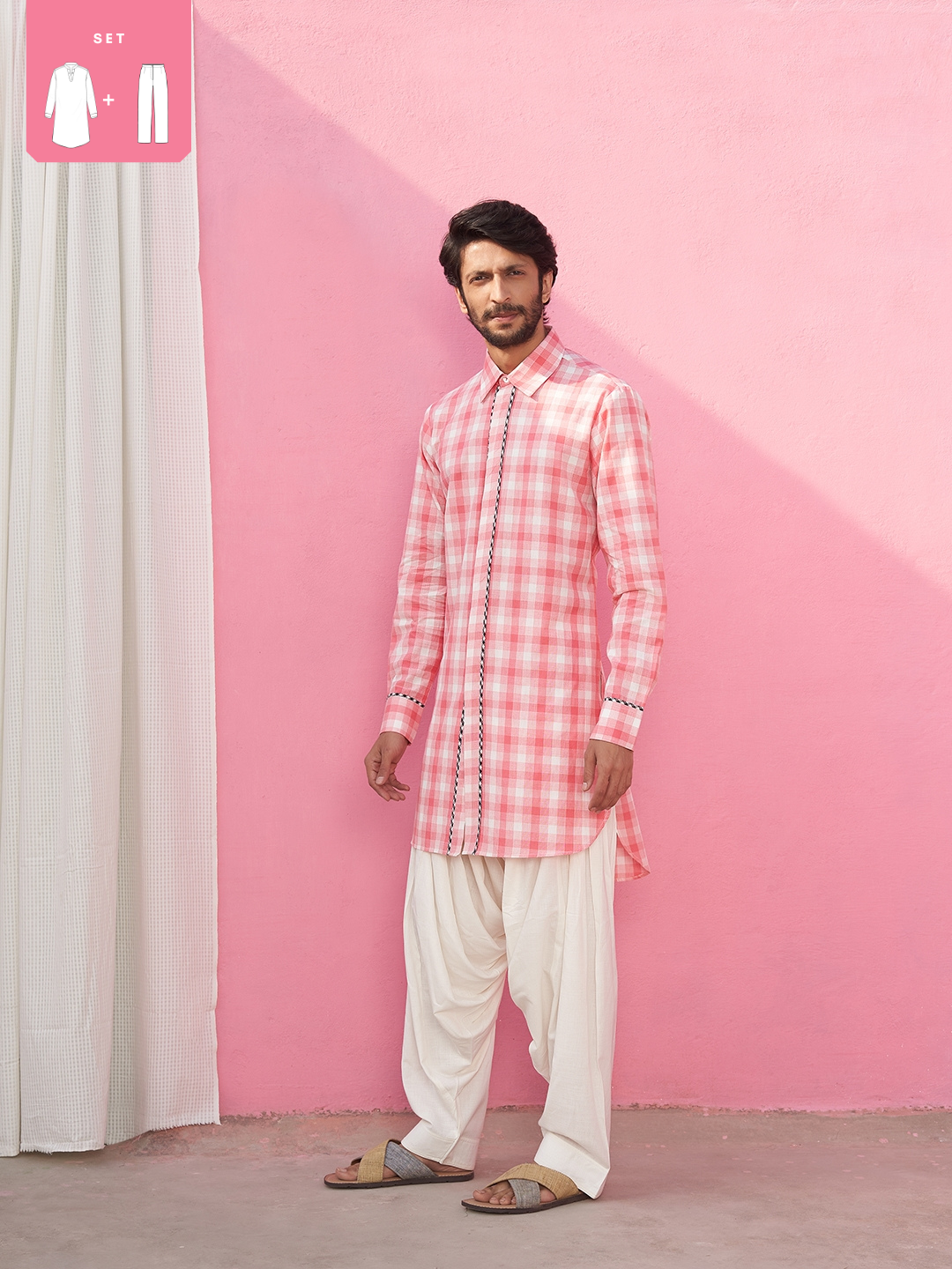 Classic collar pink kurta Set