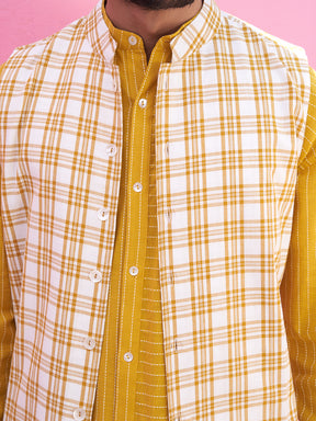 Mandarin collar yellow shirt kurta with plaid checks jacket