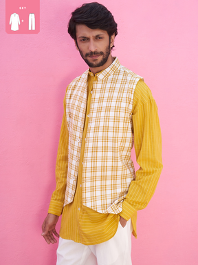 Yellow mandarin collar shirt kurta with plaid checks jacket and straight pants