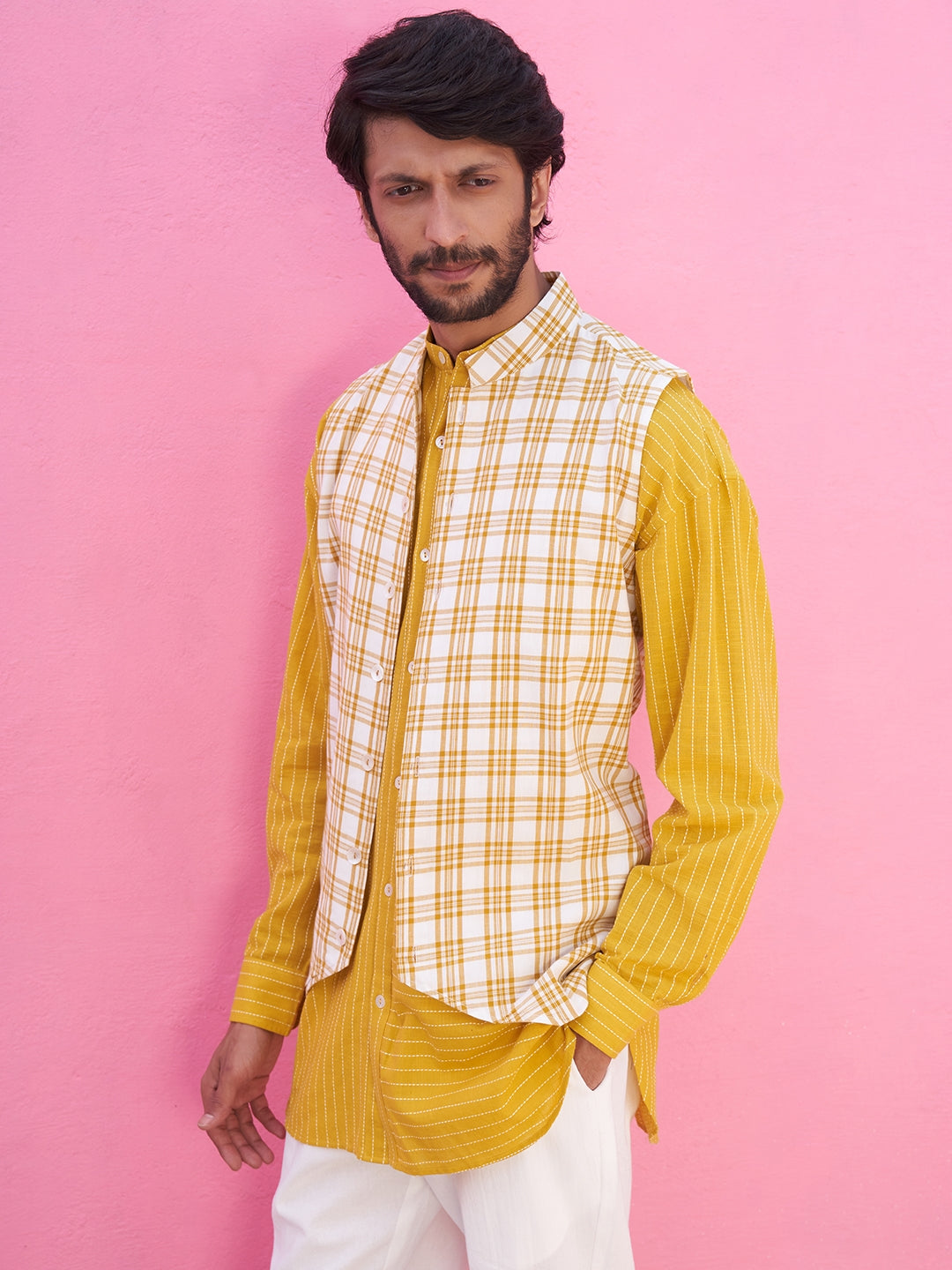 Mandarin collar yellow shirt kurta with plaid checks jacket