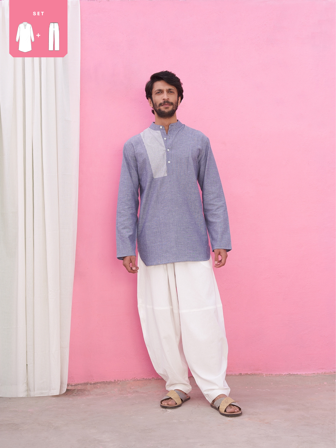 Chambray shirt kurta with neck yoke with panelled pants