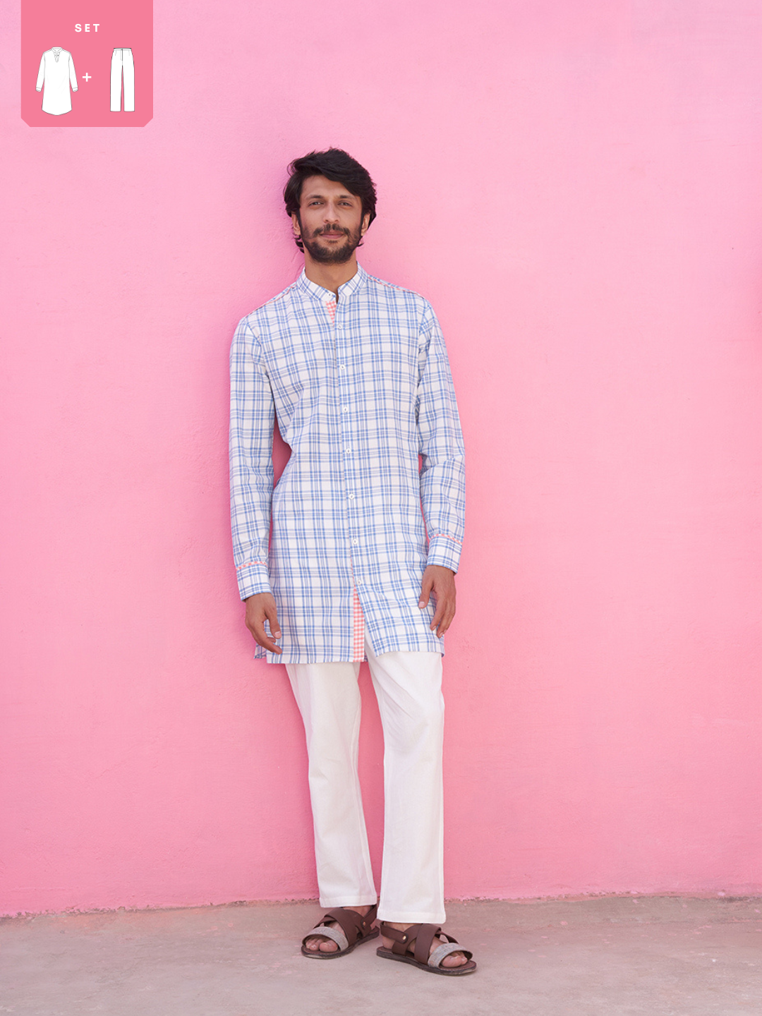 Mandarin collar blue plaid checks kurta Set