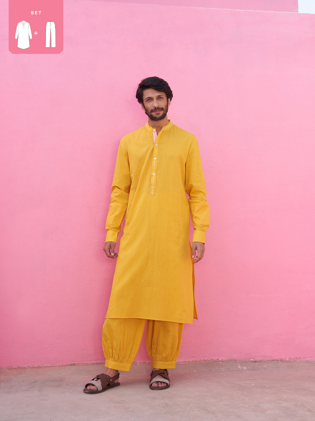 Mandarin collar yellow self check kurta with pathani pants