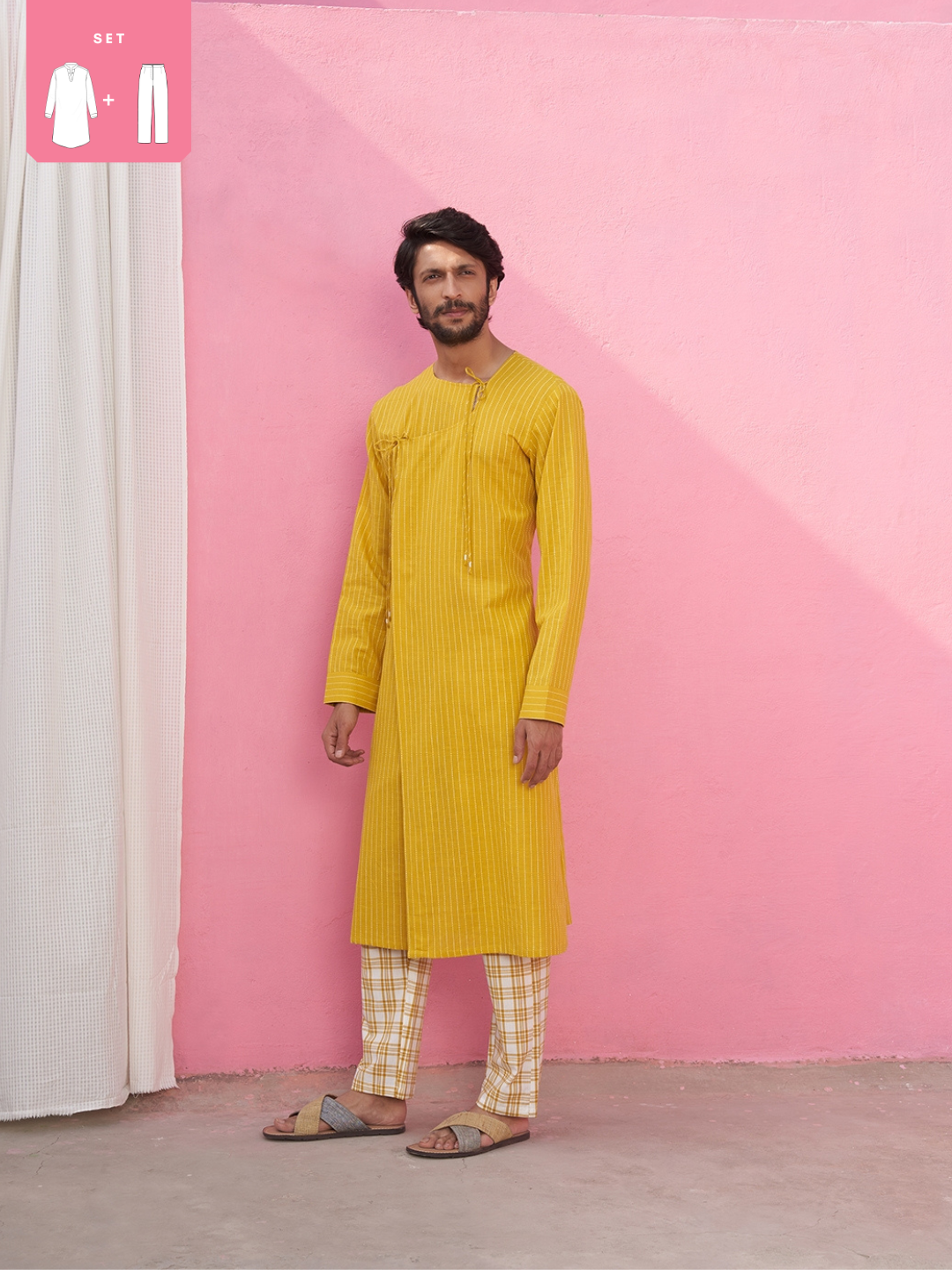 Kantha stripe yellow angrakha kurta with straight pants
