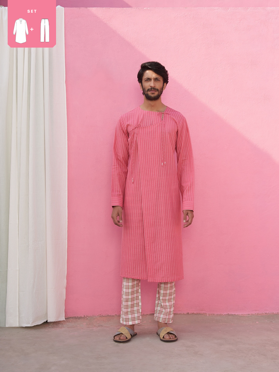 Kantha stripe pink angrakha kurta with straight pants