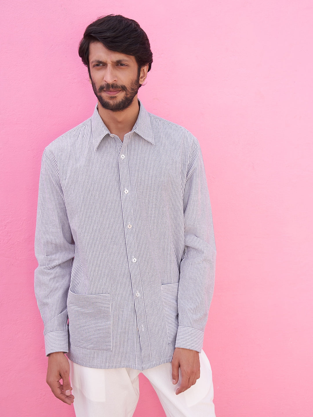 Chambray striped shirt with patch pockets