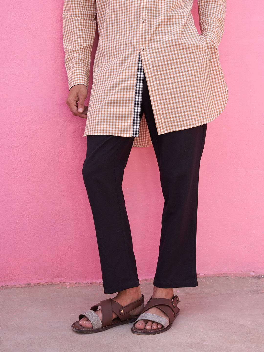 Mandarin collar brown gingham checks kurta with straight pants