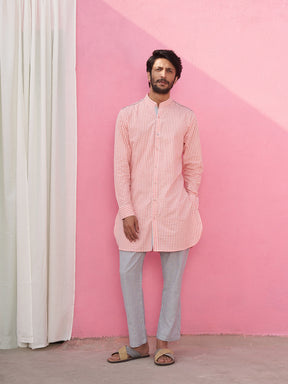 Mandarin collar pink gingham checks kurta