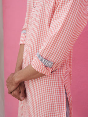 Mandarin collar pink gingham checks kurta