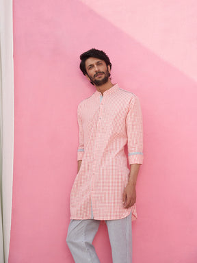 Mandarin collar pink gingham checks kurta