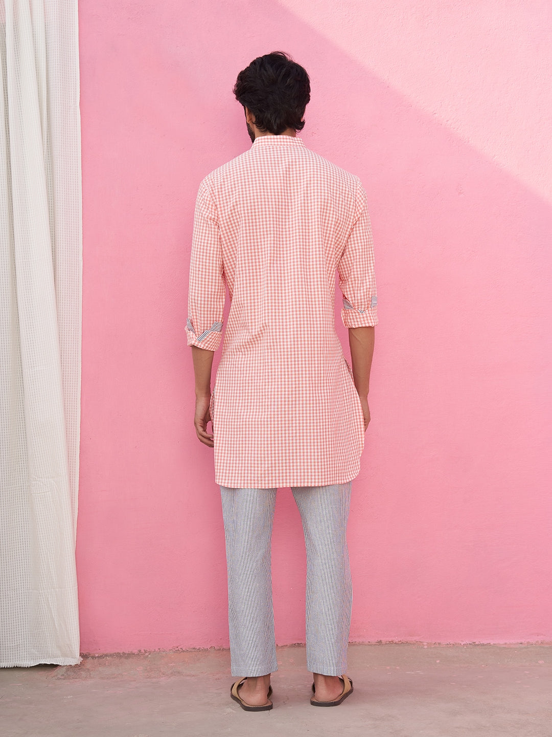 Mandarin collar pink gingham checks kurta