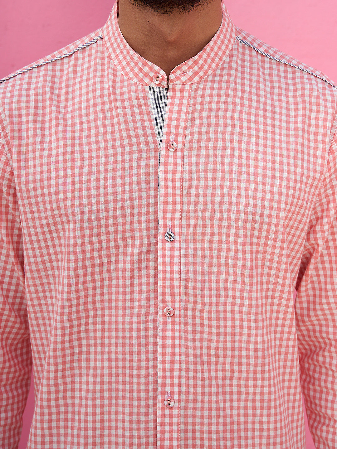Mandarin collar pink gingham checks kurta with straight pants