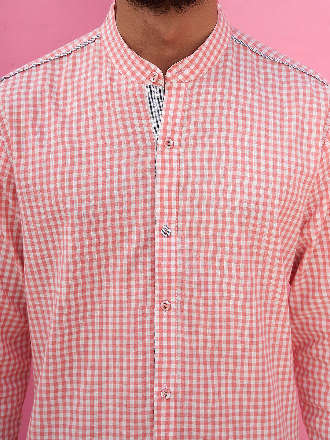 Mandarin collar pink gingham checks kurta